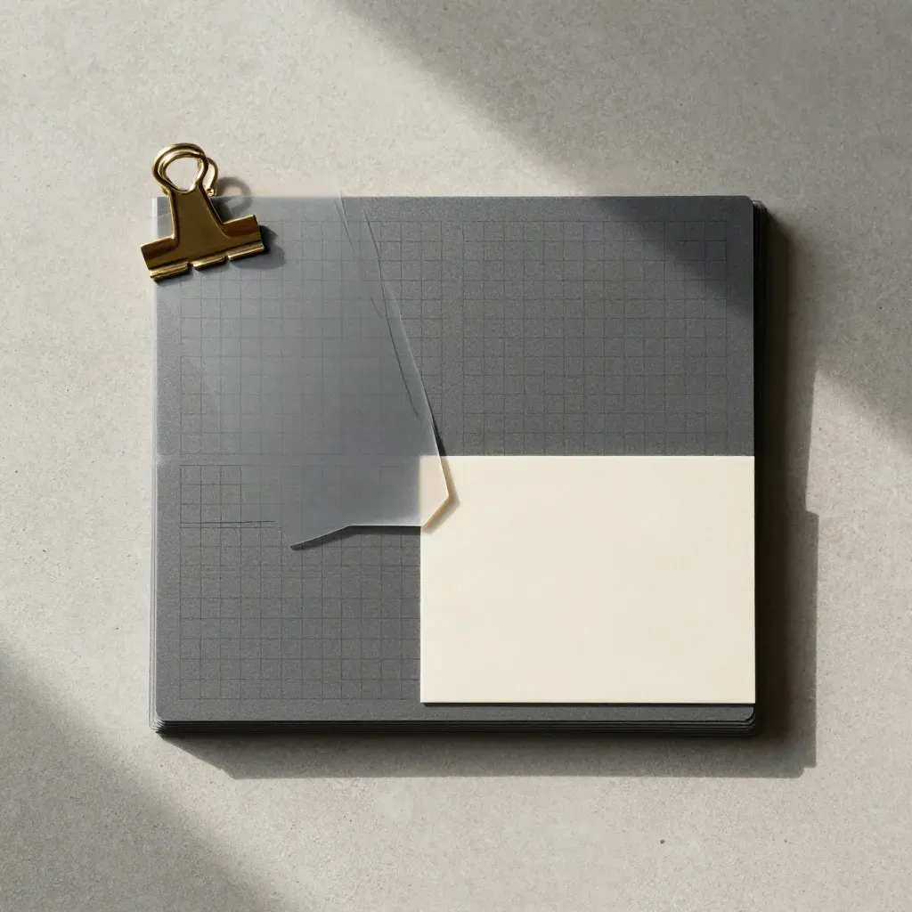 Flatlay dall’alto di un toolkit business plan con schede modulari, bustine traslucide e clip in ottone.