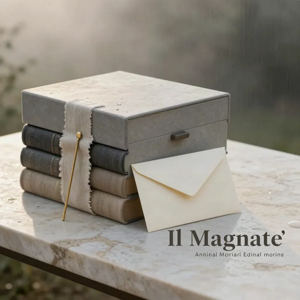 Cofanetto editoriale annuale con volumi telati, fascia in lino e segnalibro in ottone su pietra bagnata.