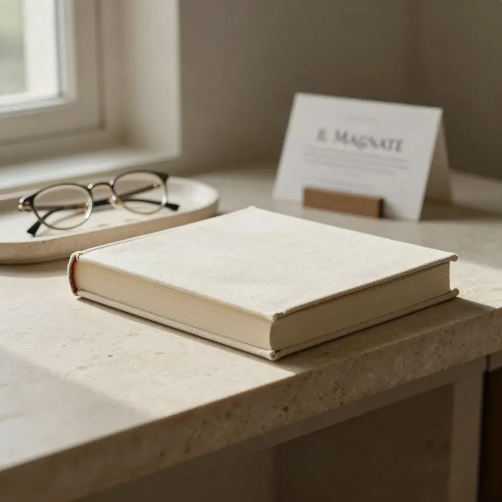 Libro in tessuto, occhiali piegati e vassoio in pietra su una console chiara, luce morbida.