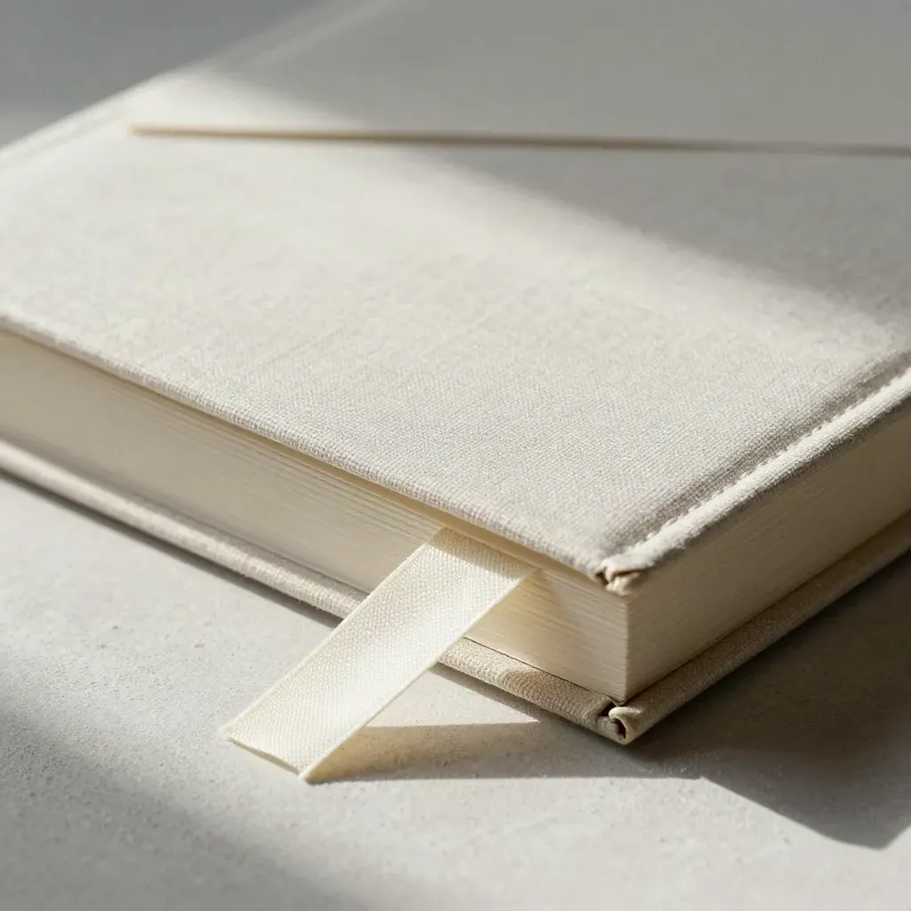 Guida investimenti in lino semiaperta su gesso, con nastro chiaro e pesi in pietra.