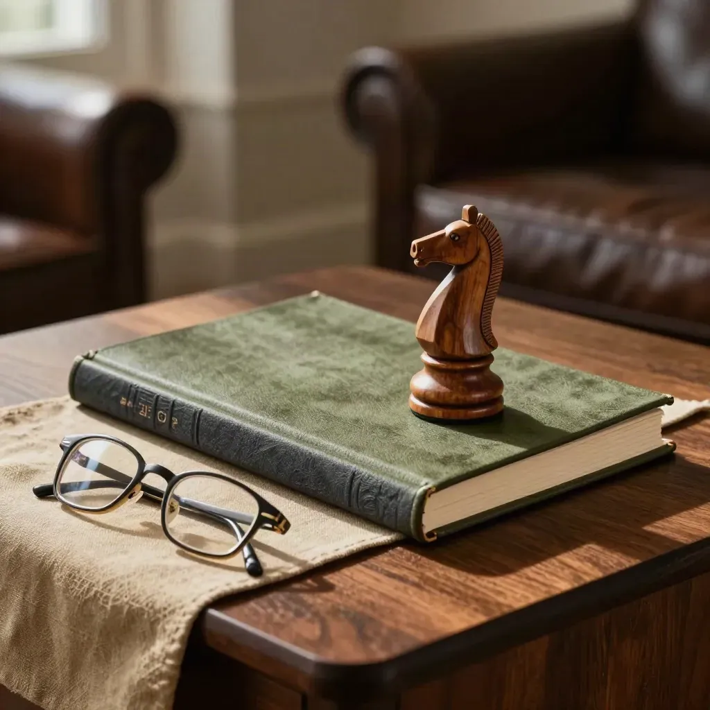 Folio leadership, cavallo degli scacchi in noce e occhiali piegati su tavolo in legno