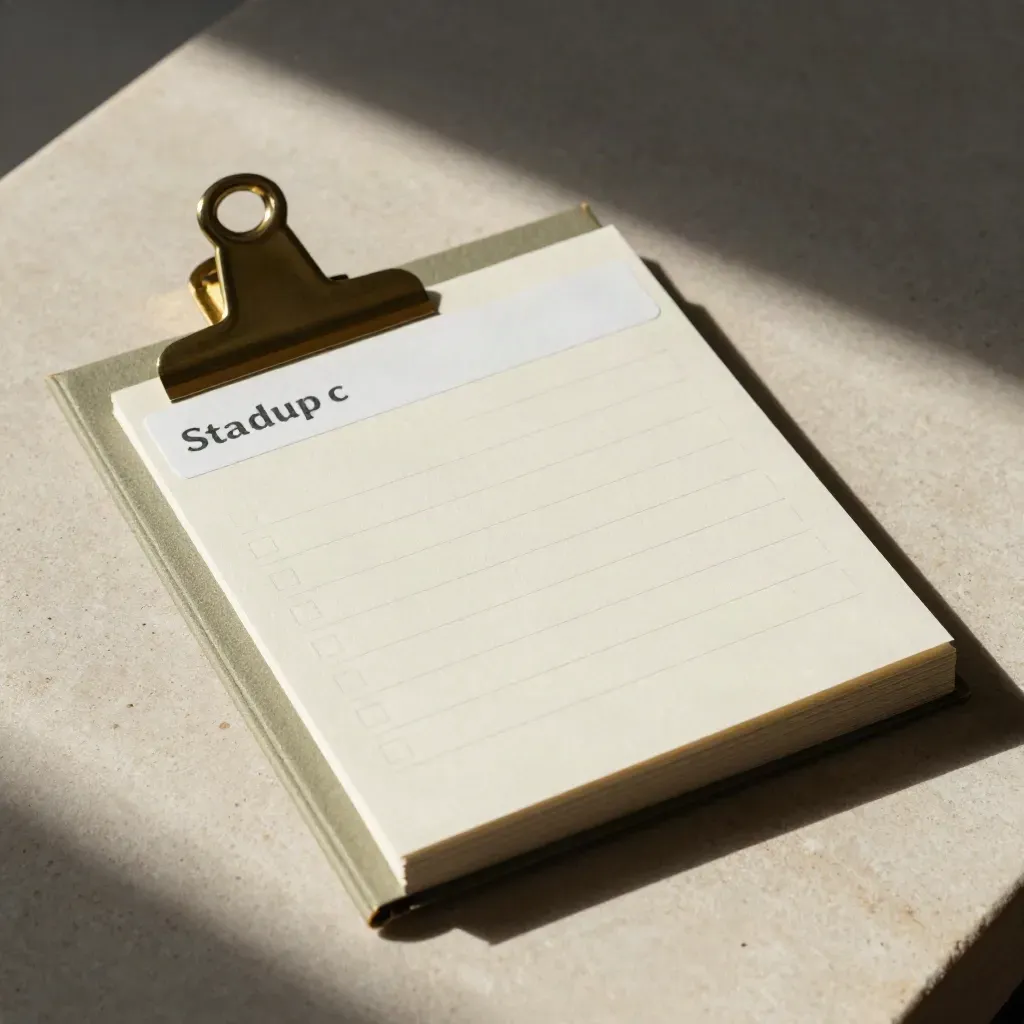 Flat lay di checklist startup con card opache, tab bianche e clip in ottone su pietra chiara.