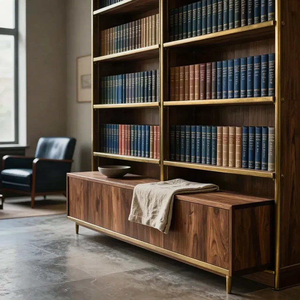 Lounge libreria in noce con mensole in ottone e luce sfumata, fondo basso per il testo.
