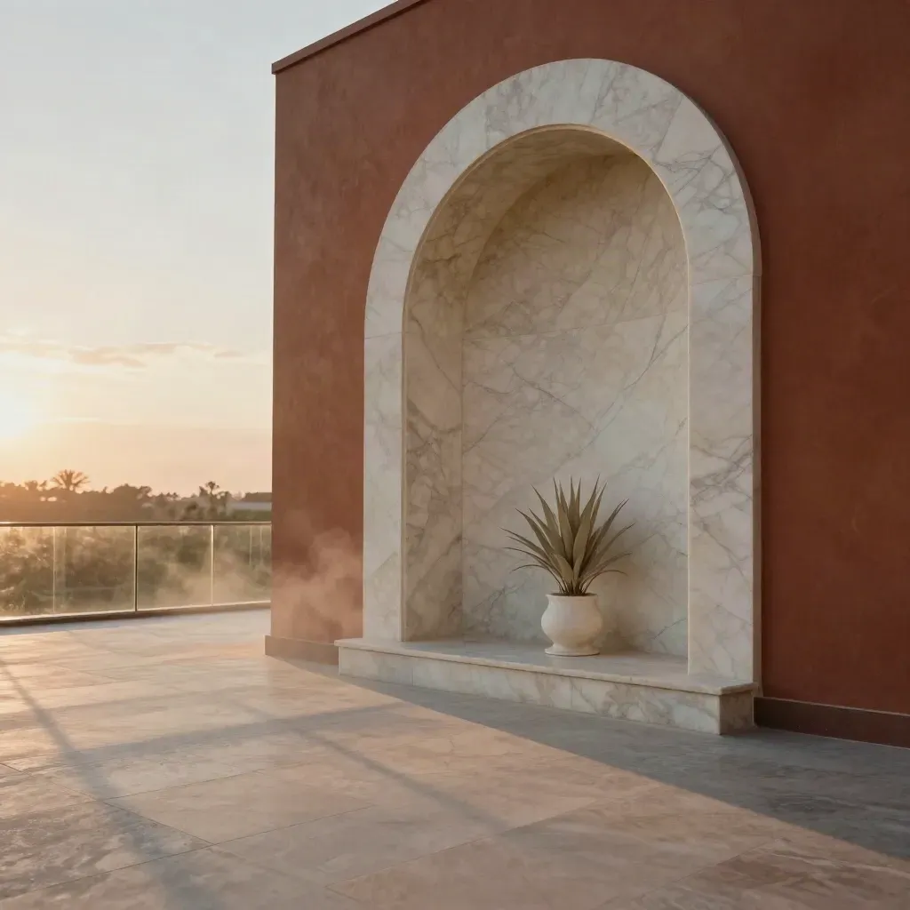 Pianerottolo monumentale in marmo con arco alto, pianta chiara e luce del tramonto velata.